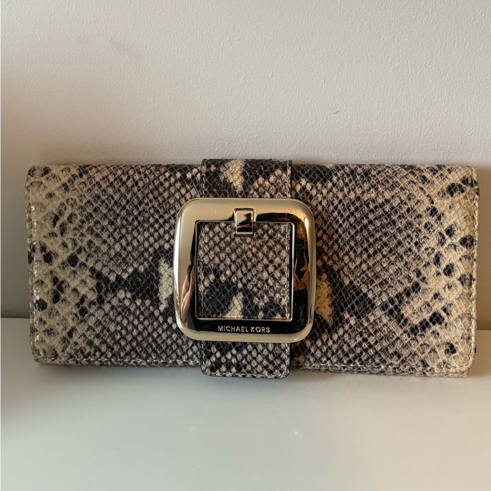 Michael Kors Black and Cream Clutch with Gold Buckle